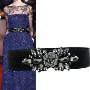 NEW 2/$30 Vintage Style Black/Silver Rose Rhinestone Stretch Belt Snap Closure